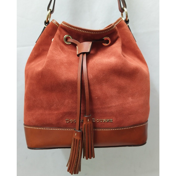 Dooney & Bourke Orange Suede Leather Trim Drawstring Shoulder Bag - Picture 2 of 15